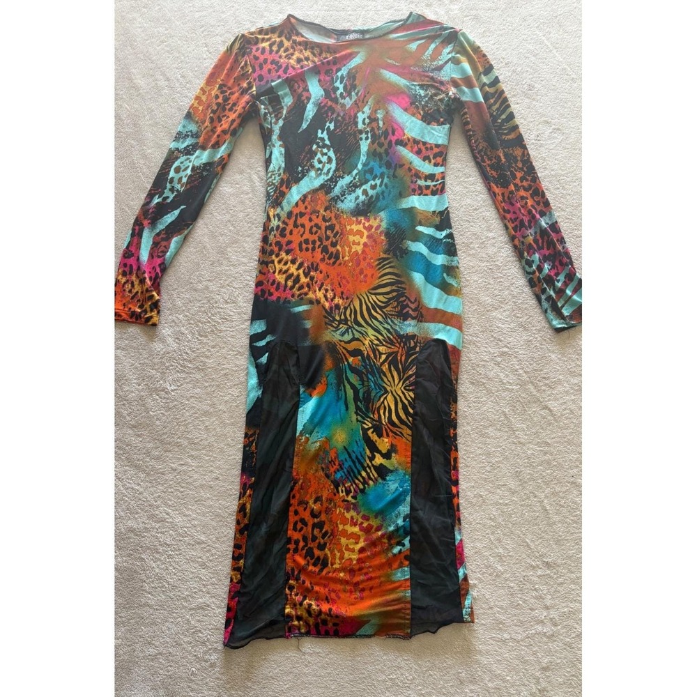 Atomic Age Women's Small Animal Print Maxi Dress Long Sleeve Party Dress Neon